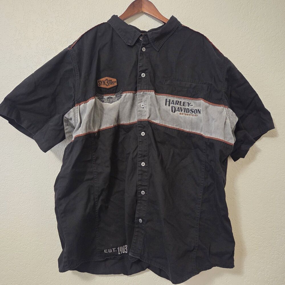 Harley Davidson Men’s Black With Gray SYN 3 Button Up Short Sleeve Shirt 4XL